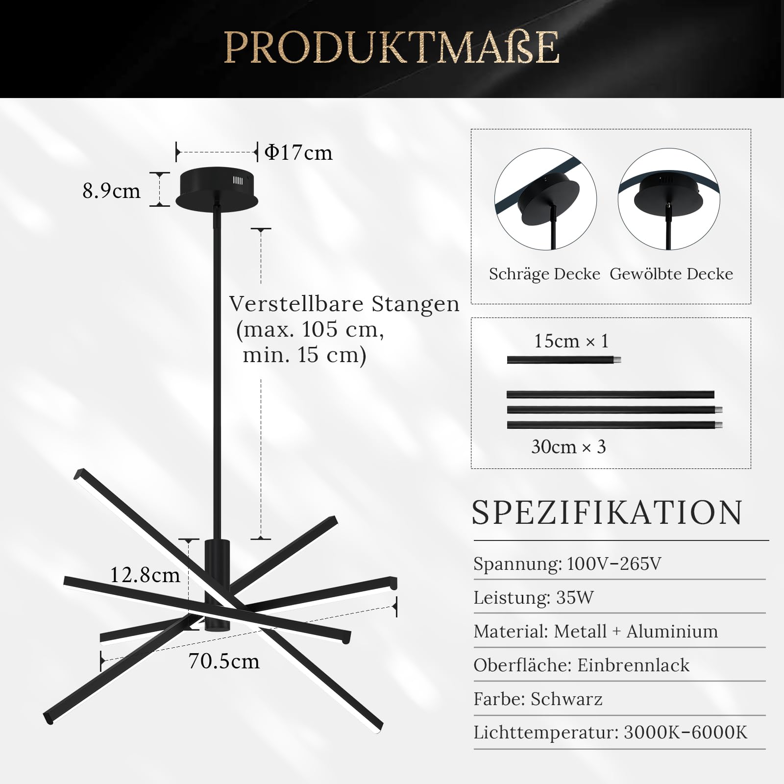 CATINER Moderner LED Hängeleuchte Schwarz 4-flammige Esszimmer Pendelleuchten LED Sputnik Kronleuchter Dimmbar mit Fernbedienung für Wohnzimmer Schlafzimmer Küche Eingangsbereich，70 cm 25W