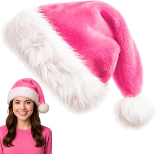 Pink Santa Hat for Adults, Soft Plush Christmas Hat with White Trim, Cute Pink Christmas Hats for Women and Men, Fun Holiday Party, Office Celebration & Winter Costume Accessory