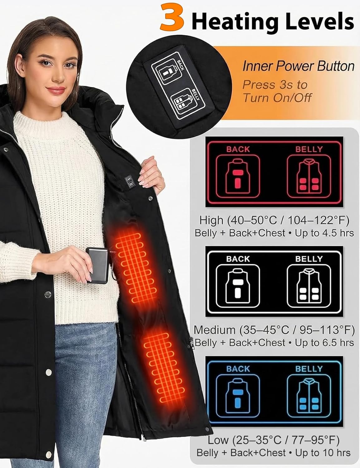 HEEKPEK Long heated vests for women with 18400mAh Long-Lasting Battery, 6-Zone Heated Coat for Outdoor Winter - Image 2