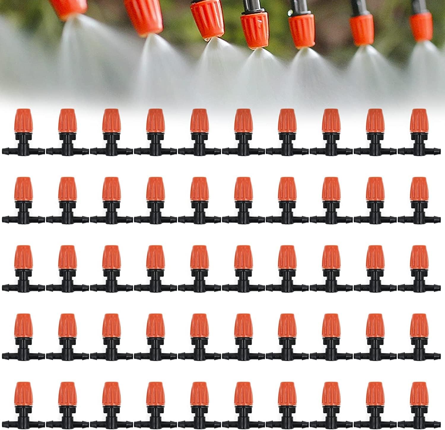 Three-Way Atomizing Nozzle 1/4 Inch, 50 Pcs Adjustable Micro Spray Irrigation Emitters, Drip Irrigation Parts Accessories for Patio Lawn Greenhouse Vegetable Irrigation Supplies