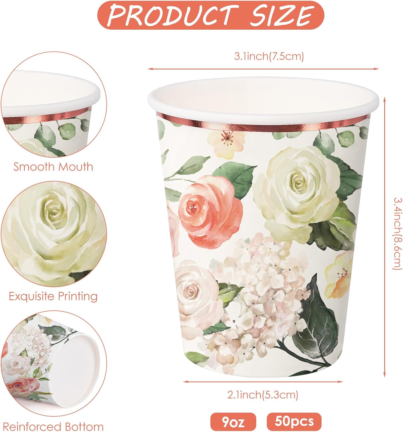 WRAPAHOLIC 50 Pcs Floral Paper Cups - 9 oz Pink Flower Disposable Cups, Coffee Cups, Hot/Cold Beverage Drinking Cups for Water Juice, Perfect for Home, Office and Party Supplies - Image 2