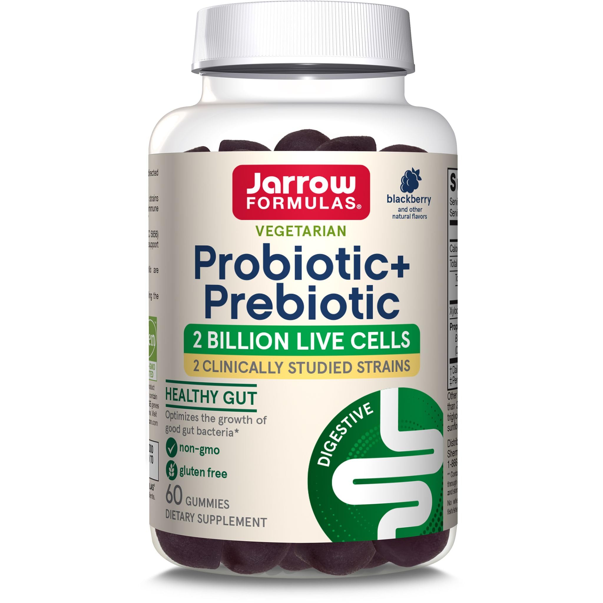 Jarrow Formulas Probiotic+ Prebiotic 2 Billion Live Cells Supplement, Digestive Health and Immune Support, 60 BlackBerry Flavor Probiotic+ Prebiotic Gummies, 30 Day Supply