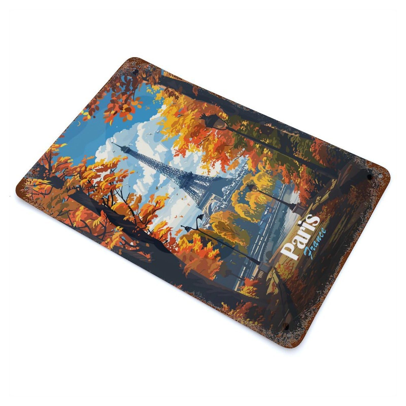 Decorative Tin Sign Eiffel Tower Autumn View 11.8"x7.9", Vintage Wall Decor for Pub, Kitchen And Man Cave Decor