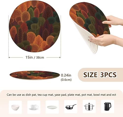 Miniatura 2 de 3 Pcs Trivet Colorful Autumn Forest for Hot Dishes 15in Cotton Thread Weave Hot Pads for Hot Pot Plate Holder