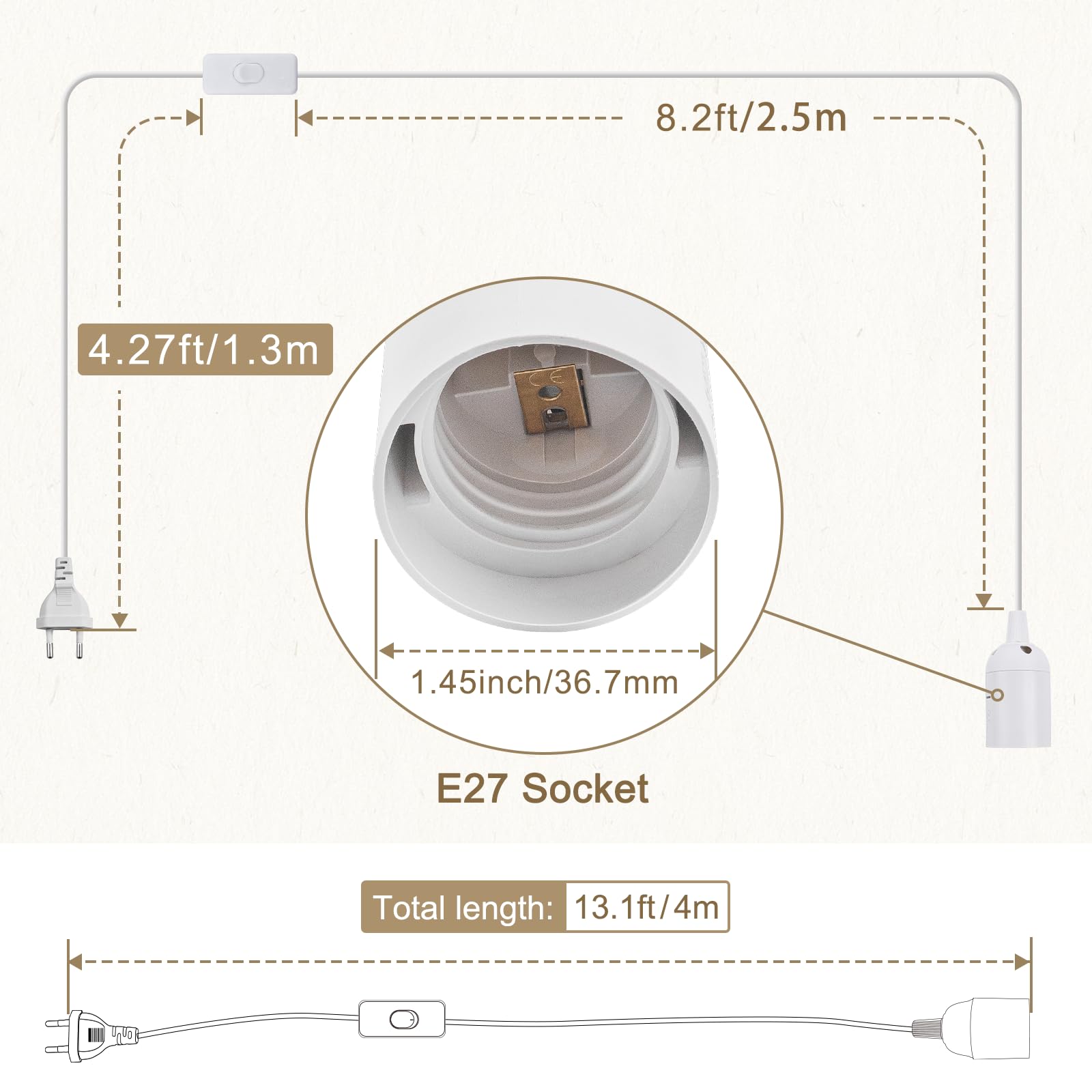 DiCUNO Portalámparas E27 de 4M, Con cable, interruptor y enchufe, Bases para lámparas E27 en Blanco, para Lámpara de pie, Colgante, de cabecera, 0-60W, 0-250V, 4A, 1 Pieza