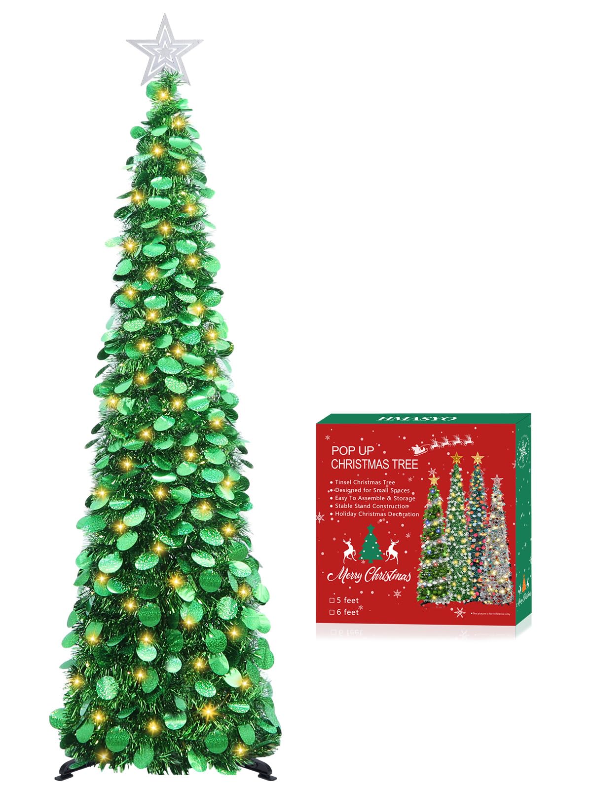 HMASYO Sapin de Noël pop-up de 1,5 m avec lumières minuterie, sapin de Noël artificiel pliable pour intérieur, maison, appartement, porche, décorations de fête de vacances (vert)