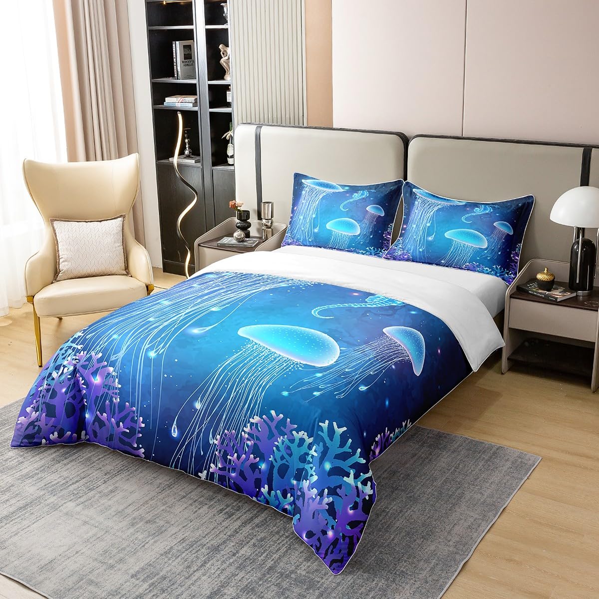 Loussiesd Set copripiumino in 100% cotone, motivo: meduse, per letto super king size, oceano, mare, creatura subacquea e mondo sottomarino, set di biancheria da letto per camera da letto, vita marina,