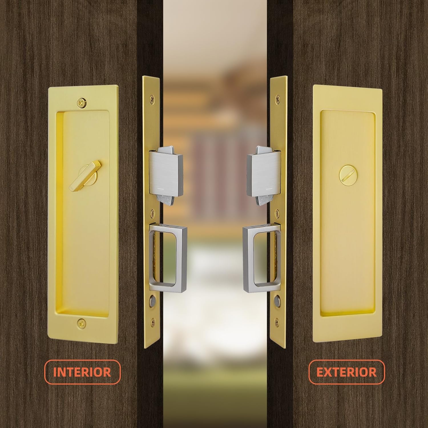 Privacy Pocket Door Lock Hardware, Rectangular Sliding Pocket Door Lock and Pulls, Hidden Pop-Up Edge Pull, Zinc Alloy (Gold, No Key)