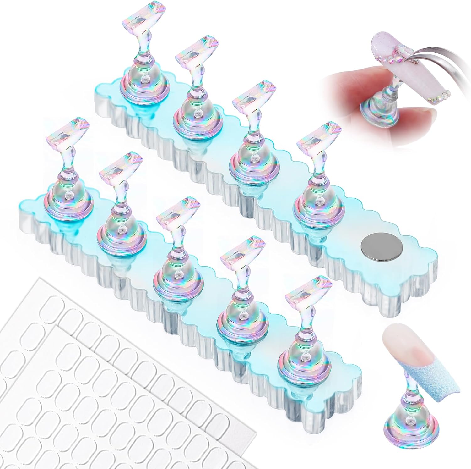 MelodySusie Nail Stand for Press Ons, 2 Sets Blue Acrylic Magnetic Base for Painting Display Holder with Reusable Adhesive Putty for Home DIY Salon Supplies