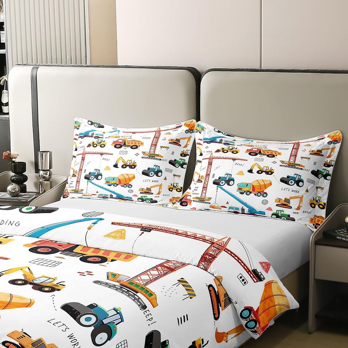 100% Cotton Excavator Duvet Cover twin, Tractor Machinery Trucks Bedding Set for Kids Boys, Construction Vehicle Comforter Cover, Bulldozer Crane Equipment Truck Yellow Green Room Decor Quilt Cover