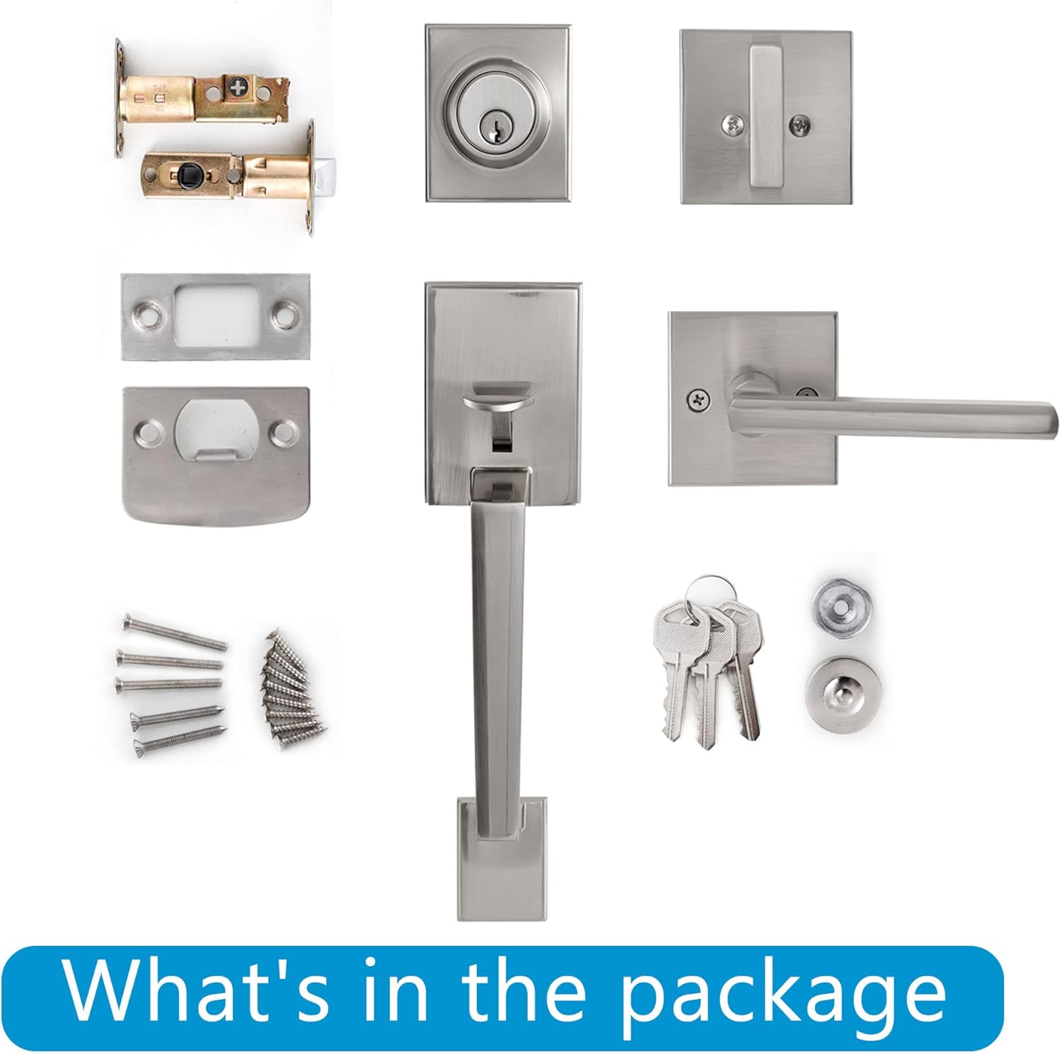 Natsukage Front Door Handle Front Door Lock Set Satin Nickel Entrance Handle Set with Lock Heavy-Duty Entry Door Lock Set with Deadbolt and Lever Handle Reversible for Right & Left Handed Modern