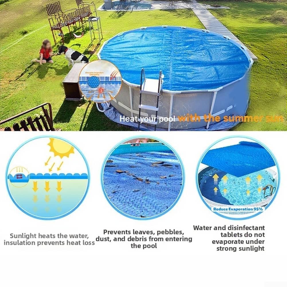 Runde Solar-Poolabdeckung, blau, für oberirdische Pools, Wärmedämmung, Heizdecke, reduziert Verdunstung, hält Wasser warm und sauber, für Outdoor-Schwimmzubehör, 15 Mil(C)