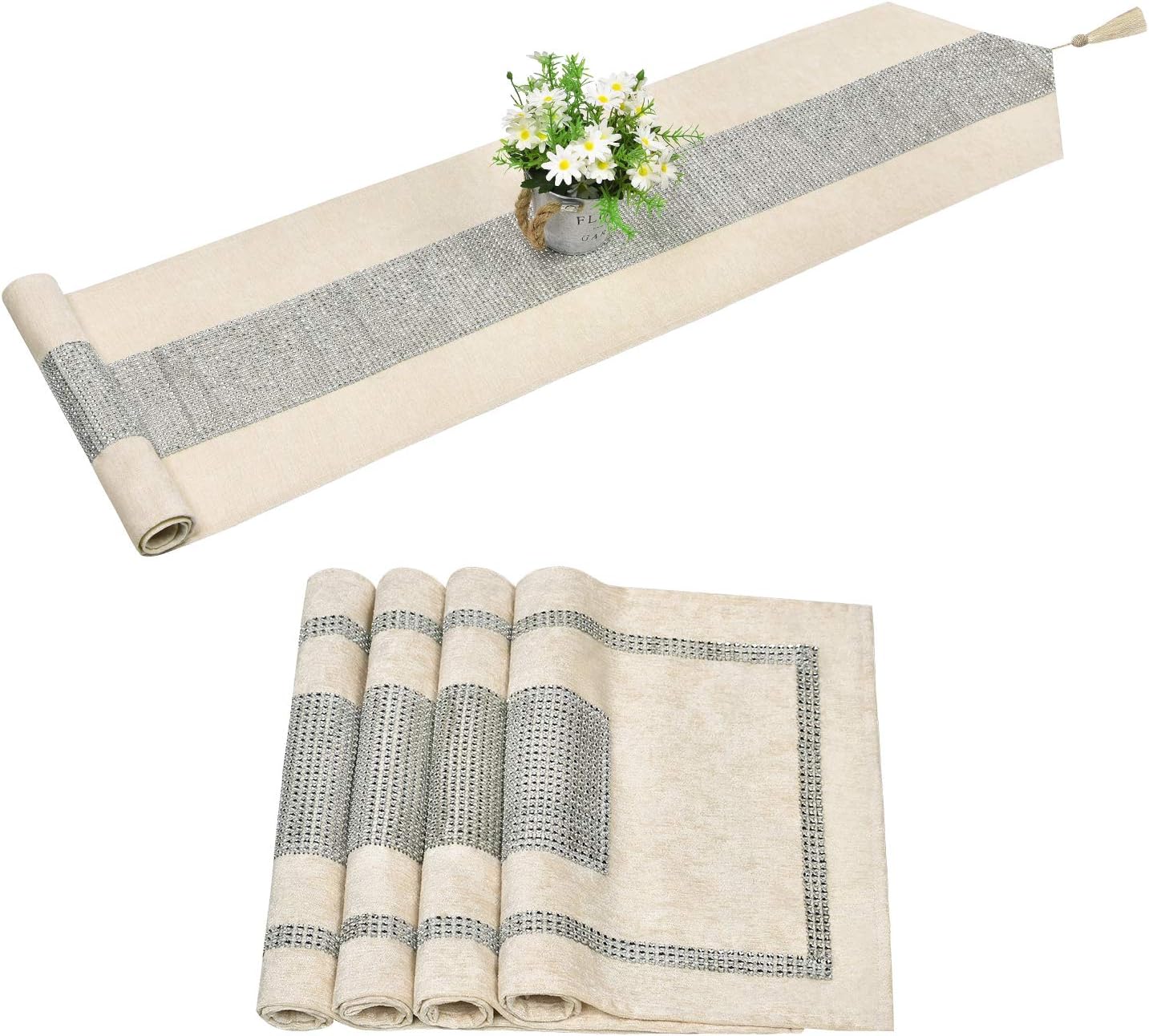 Chenille Table Runner with 4 Placemats, Beige and Silver Table Runner Set with Diamante Strip, Table Mats Set for Living Room, Dresser, Dining Table, Catering Events, Indoor and Outdoor Parties