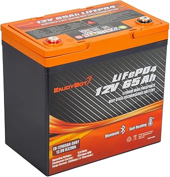 Enjoybot 12V 65Ah Heating LiFePO4 Lithium Battery, Group 22NF Lithium Battery with 120A BMS and Bluetooth, 832Wh Energy for Trolling Motor, Ice Fishing, Camping