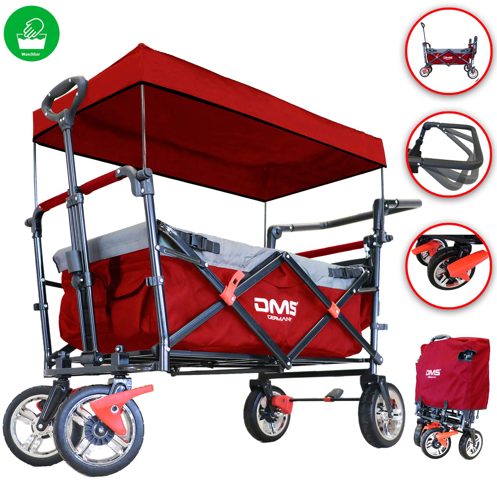 DMS Chariot pliable avec toit | Chariot à main/chariot de transport pliable | Pneus en caoutchouc plein | Avec système de sonorisation pour enfants | Avec sac de transport et systèmes de freinage