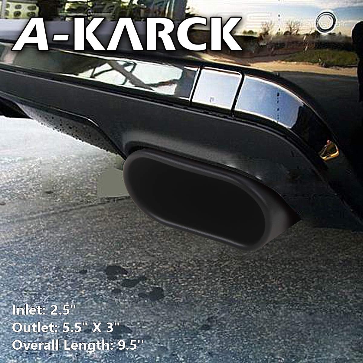 Square Exhaust Tip 2.5" Inlet, A-KARCK Black Coating Rectangle Exhaust Tailpipe Tip 3" x 5.5" Outlet 9.5" Long, Clamp on Design