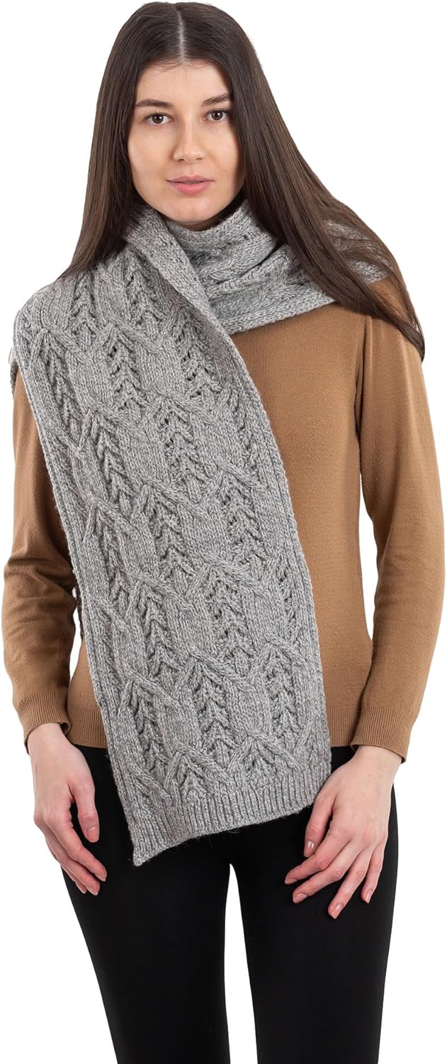 SAOL Aran Fisherman Leaf Scarf for Women, Irish Traditional Merino Wool Muffler Ladies Made in Ireland
