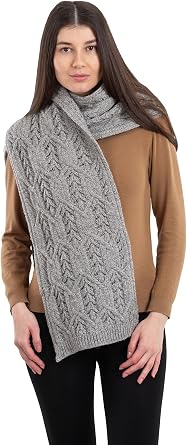 SAOL Aran Fisherman Leaf Scarf for Women, Irish Traditional Merino Wool Muffler Ladies Made in Ireland