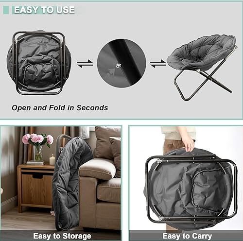 Miniatura 5 de Silla plegable, silla platillo con marco de metal, cómodas sillas de luna para dormitorio, sala de estar, apartamentos, camping, descanso, jardín y