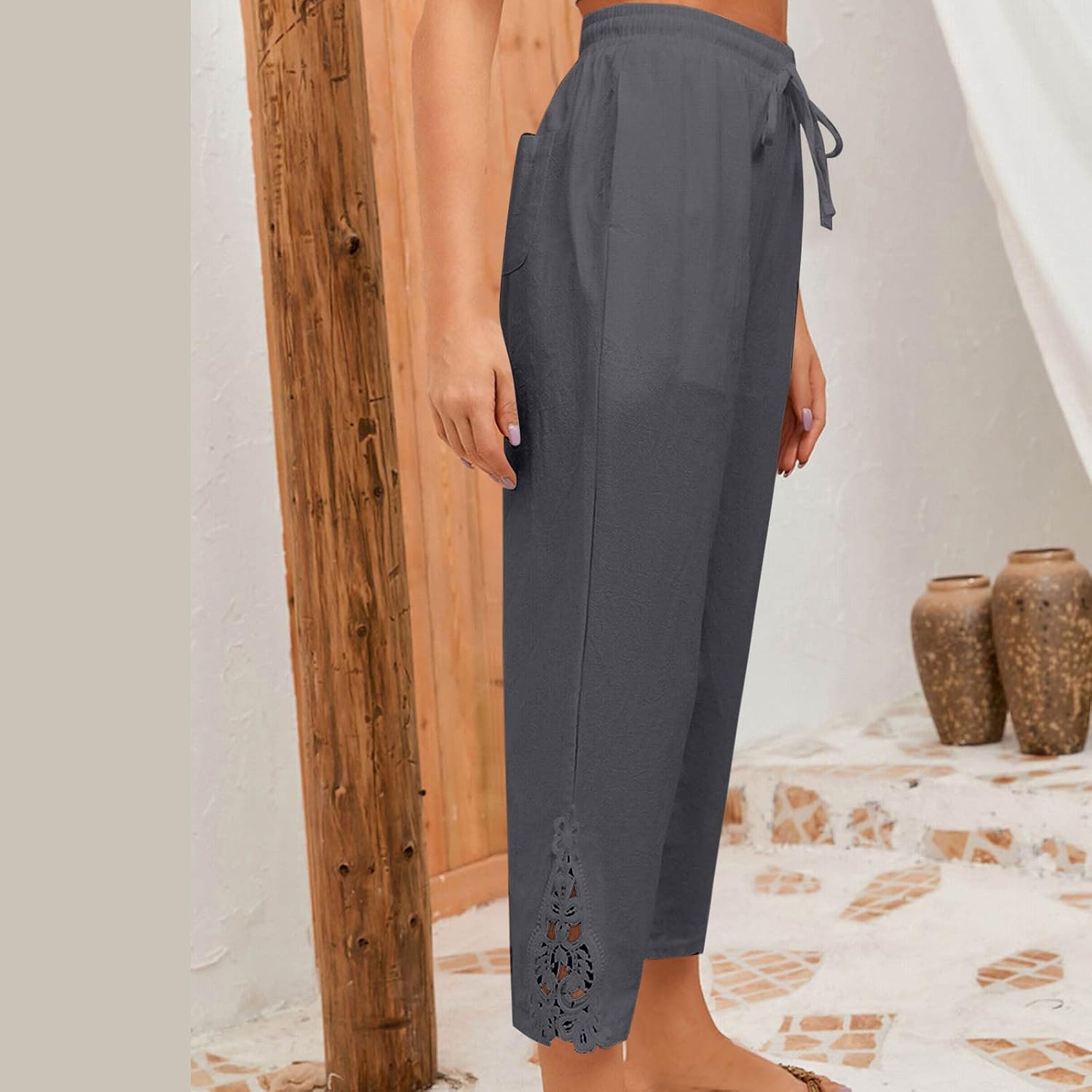 Linen Pants Women Fashion Lightweiht Loose Capri Pant Lace Casual High Waist Trousers Summer Capris with Pocket