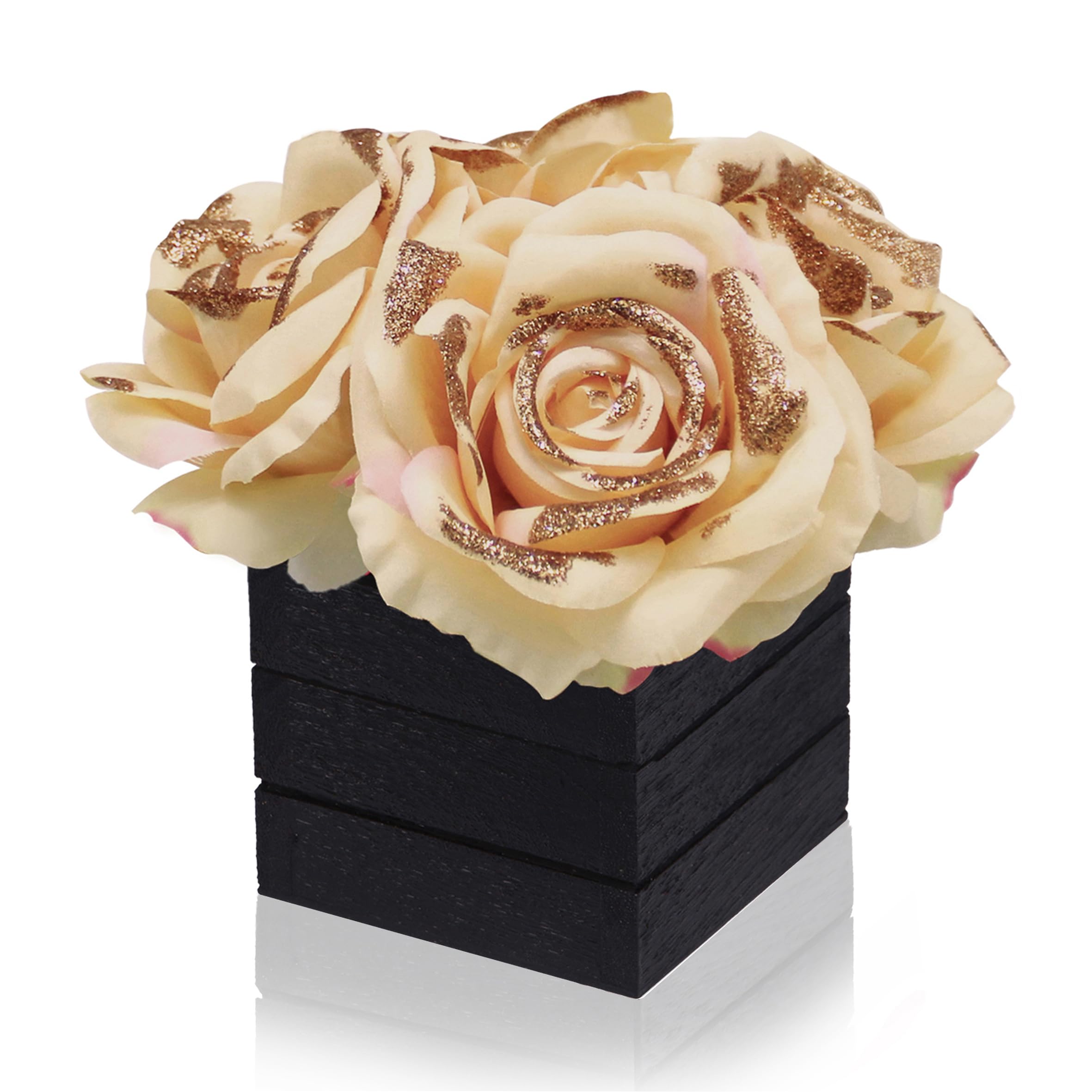 CVHOMEDECO. Artificial Champagne Roses with Wooden Vase Silk Champagne Glitter Rose in Black Wood Box for Home Decor. Idea for Wife, Him or Her,