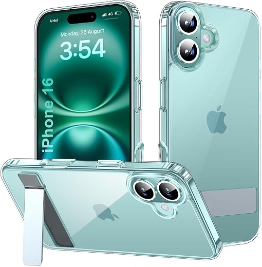 EGOTUDE for iPhone 16 Case | Clear Transparent Polycarbonate Hard Back Soft Bumper Cover with Stand