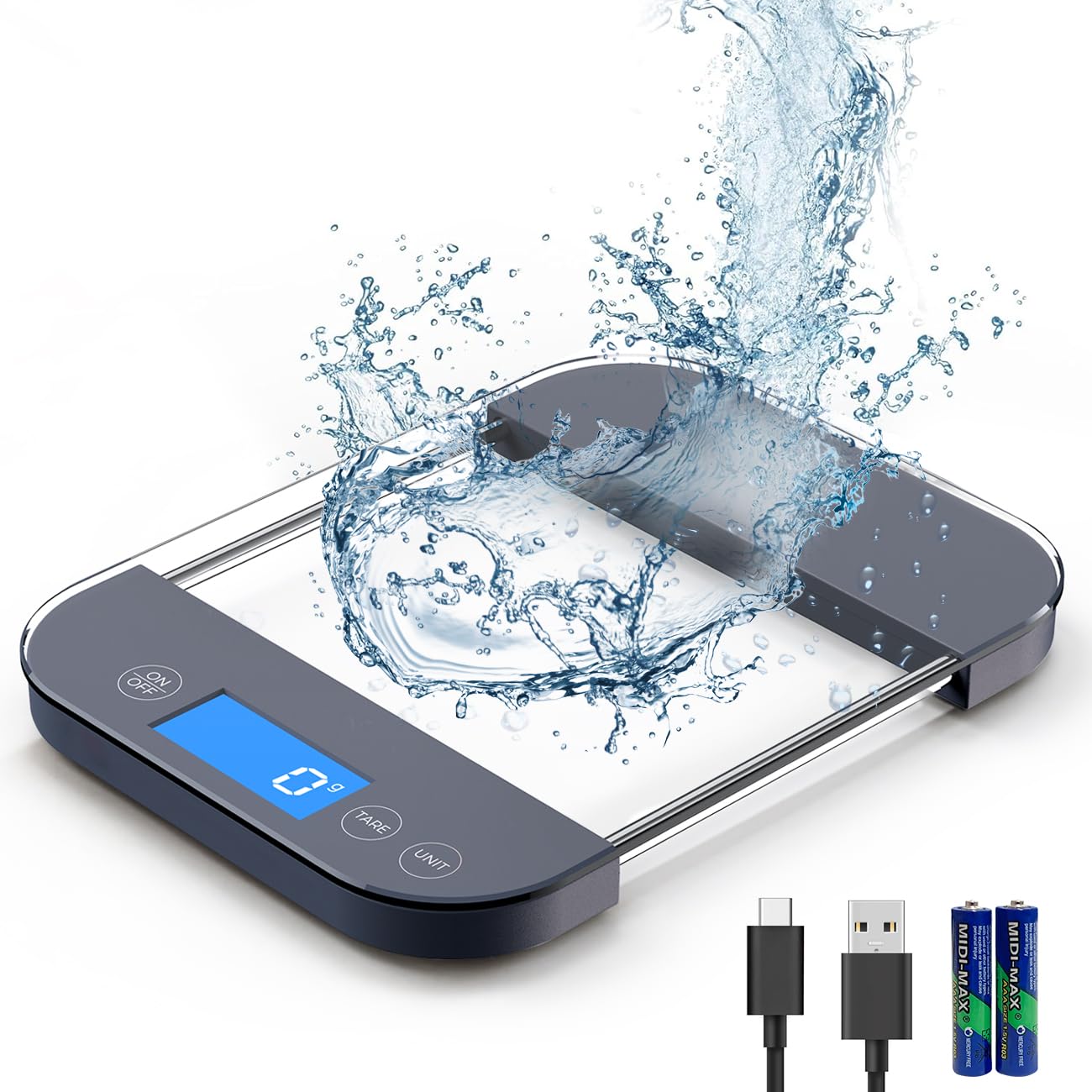 AZC Rechargeable Food Scale Digital Weight Grams and Oz, [Max 33lb Min 1g], Military Grade Anti-Drop Temepered Glass Panel, Crystal Clear Design for Kitchen Scale,Clear Grey