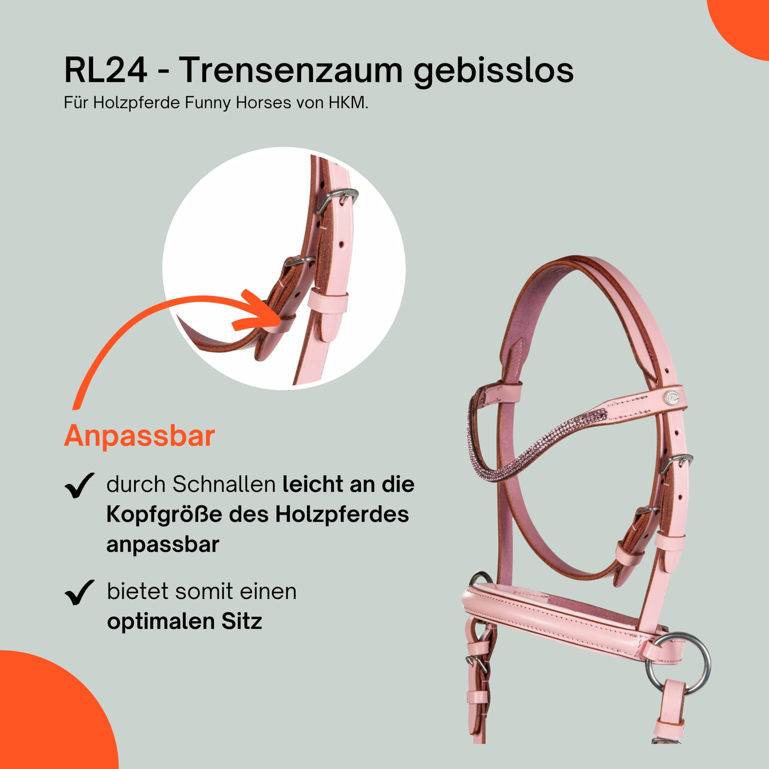 Trensenzaum gebisslos für Holzpferde Funny Horses von HKM | Trense aus Echtleder rosa | Zaumzeug für Holzpferd mit Zügel | Pferdespielzeug für Kinder | Holzpferd Zubehör