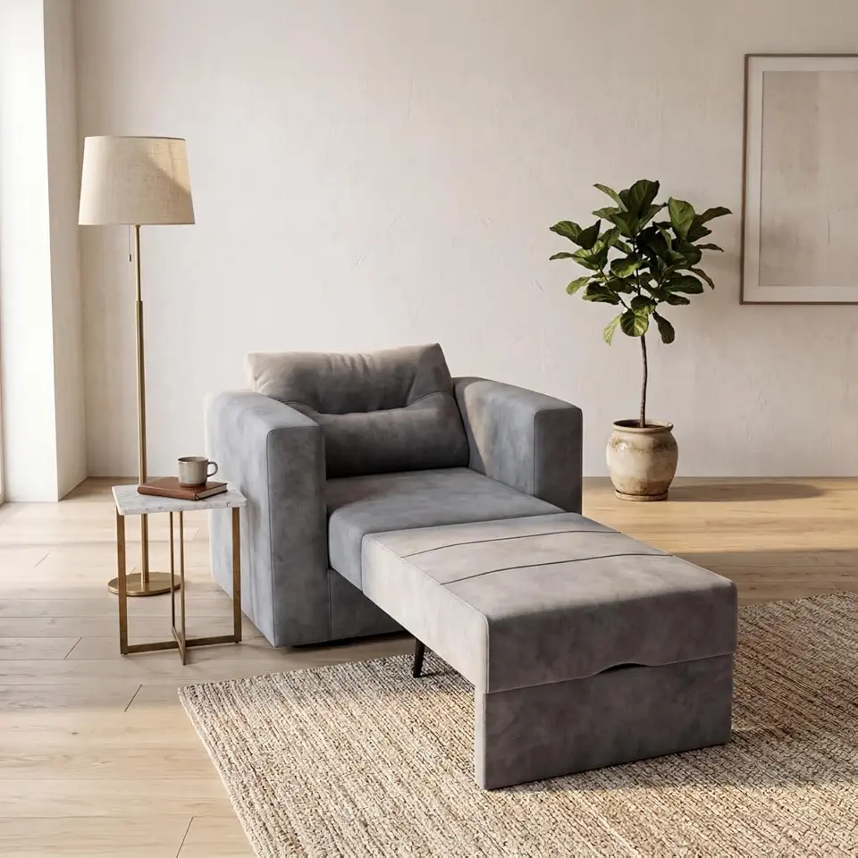 Poltrona Cama Solteiro Retrátil Marissol Veludo Premium Cinza Sofisticado