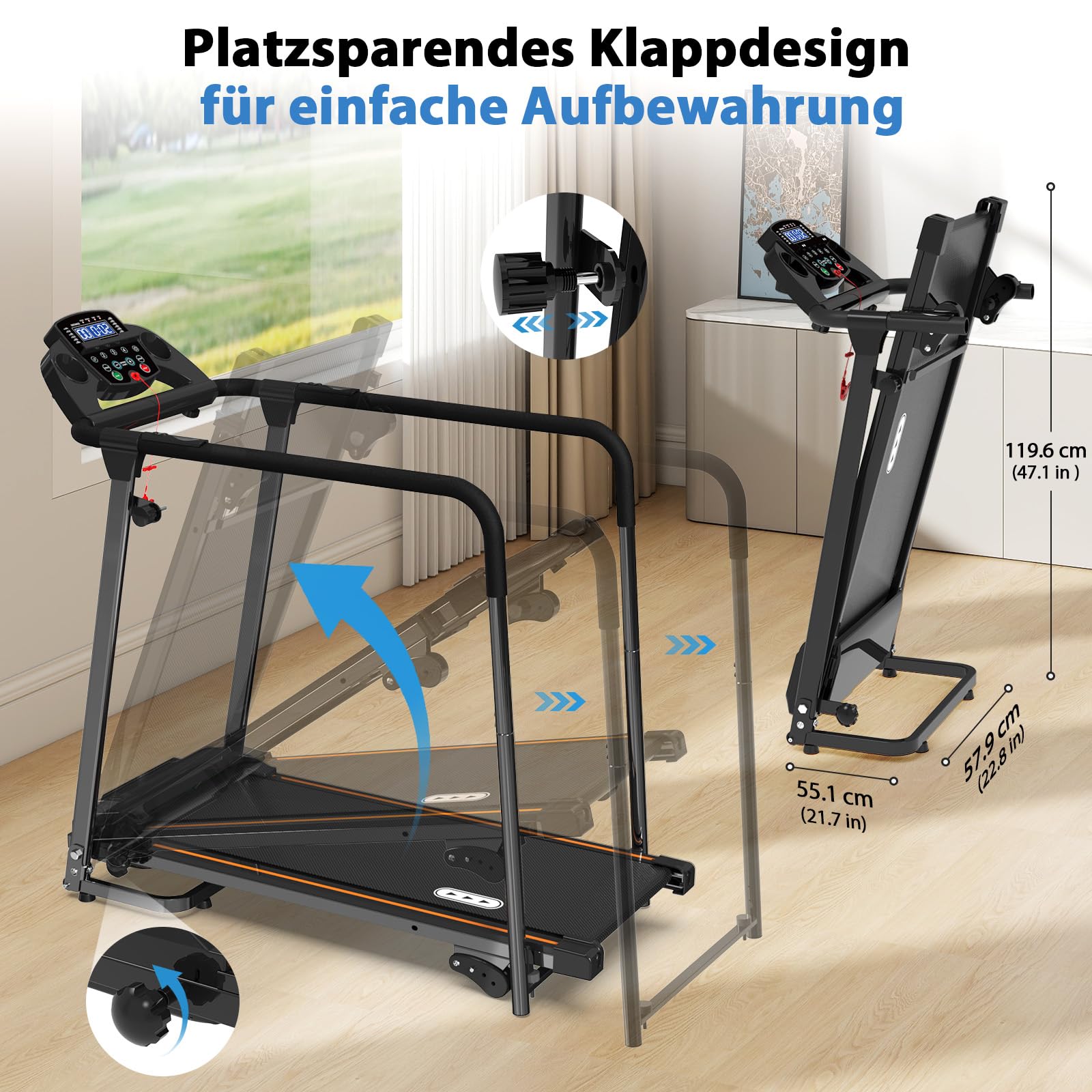 CIIHI Laufband für Zuhause mit Handlauf für Senioren – Laufband Klappbar 150kg Tragkraft, 0-2% Steigung, Auto-Schmierung, Stummschalt- & Schnellwahltasten, für ältere Menschen & Rehabilitation | 150kg Tragkraft, 0-2% Steigung, Auto-Schmierung, Stummschalt