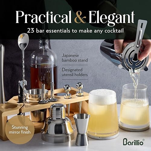 Miniatura 40 de Barillio Kit de barman de oro rosa – Juego de coctelera de acero inoxidable con soporte de bambú negro – Herramientas de barra de mixología con Rosa