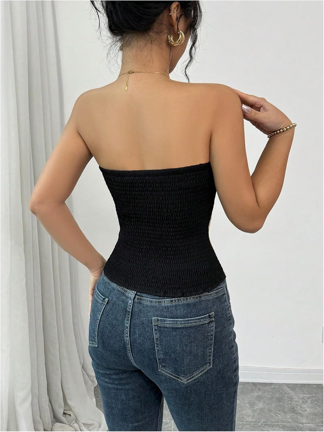 Floerns Women's Colorblock Sleeveless Bandeau Button Asymmetrical Hem Strapless Tube Top - Image 3