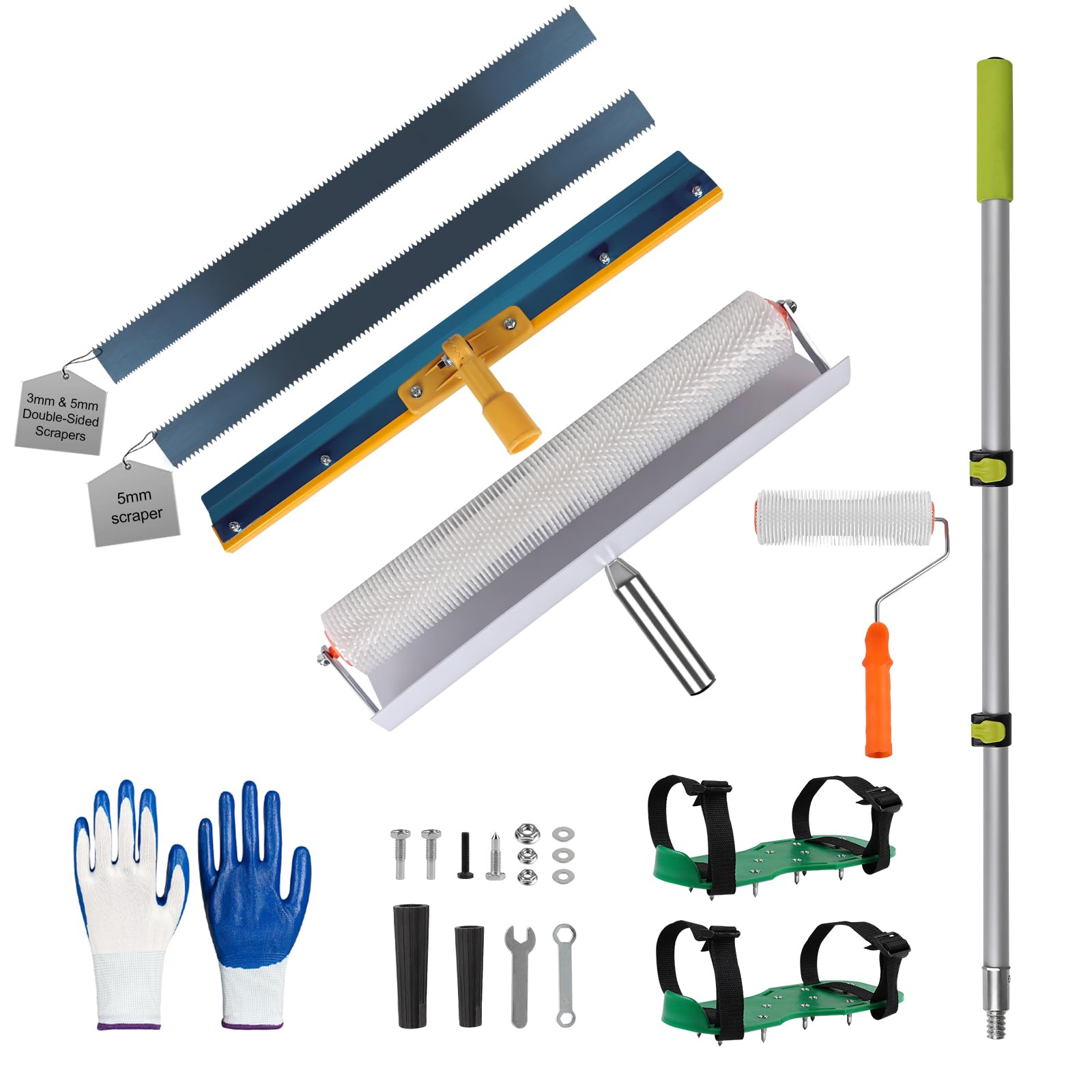 EXLECO 11er Bodenbeschichtung Set mit Spritzschutz - 50CM Stachelwalze, 23CM Entlüftungsroller, Doppelseitiger Stehrakel, Großflächenrakel für Ausgleichsmasse, Nagelschuhe, Handschuhe, Steckbügel