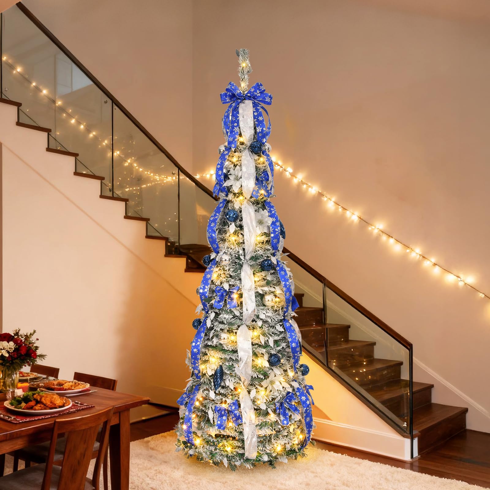Bonnlo 6 Ft Pop Up Christmas Tree with Lights, 180cm Pre Lit Collapsible Christmas Tree with Sturdy Stand, Silver&Blue