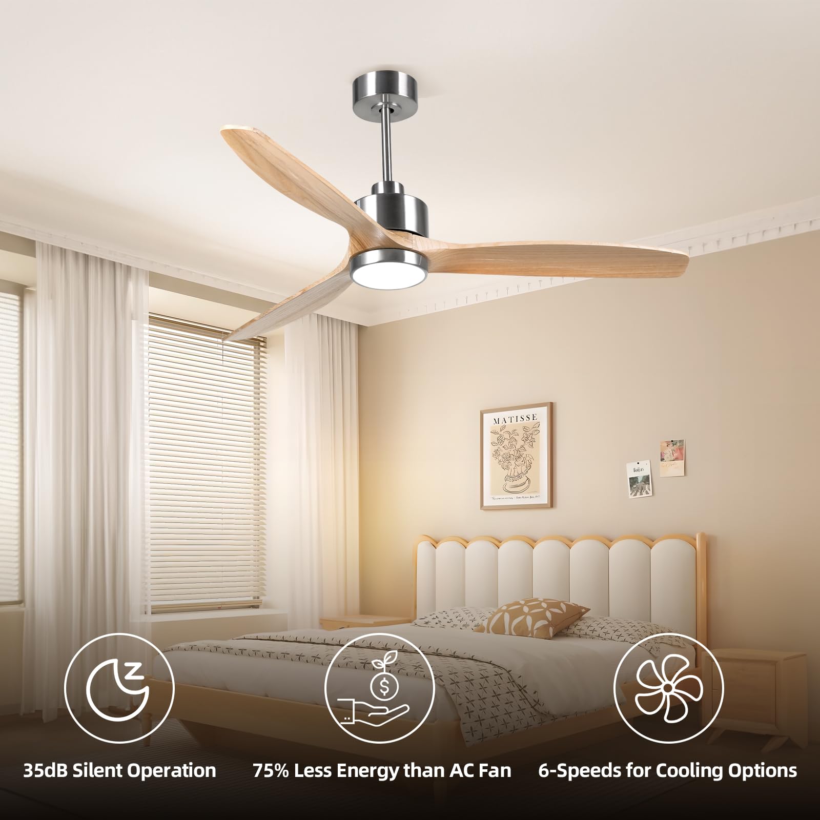 OFANTOP 132cm Ventilatore a soffitto moderno in legno con illuminazione | elecomando, motore a corrente continua silenzioso e commutabile per camera da letto, soggiorno e garage, legno naturale
