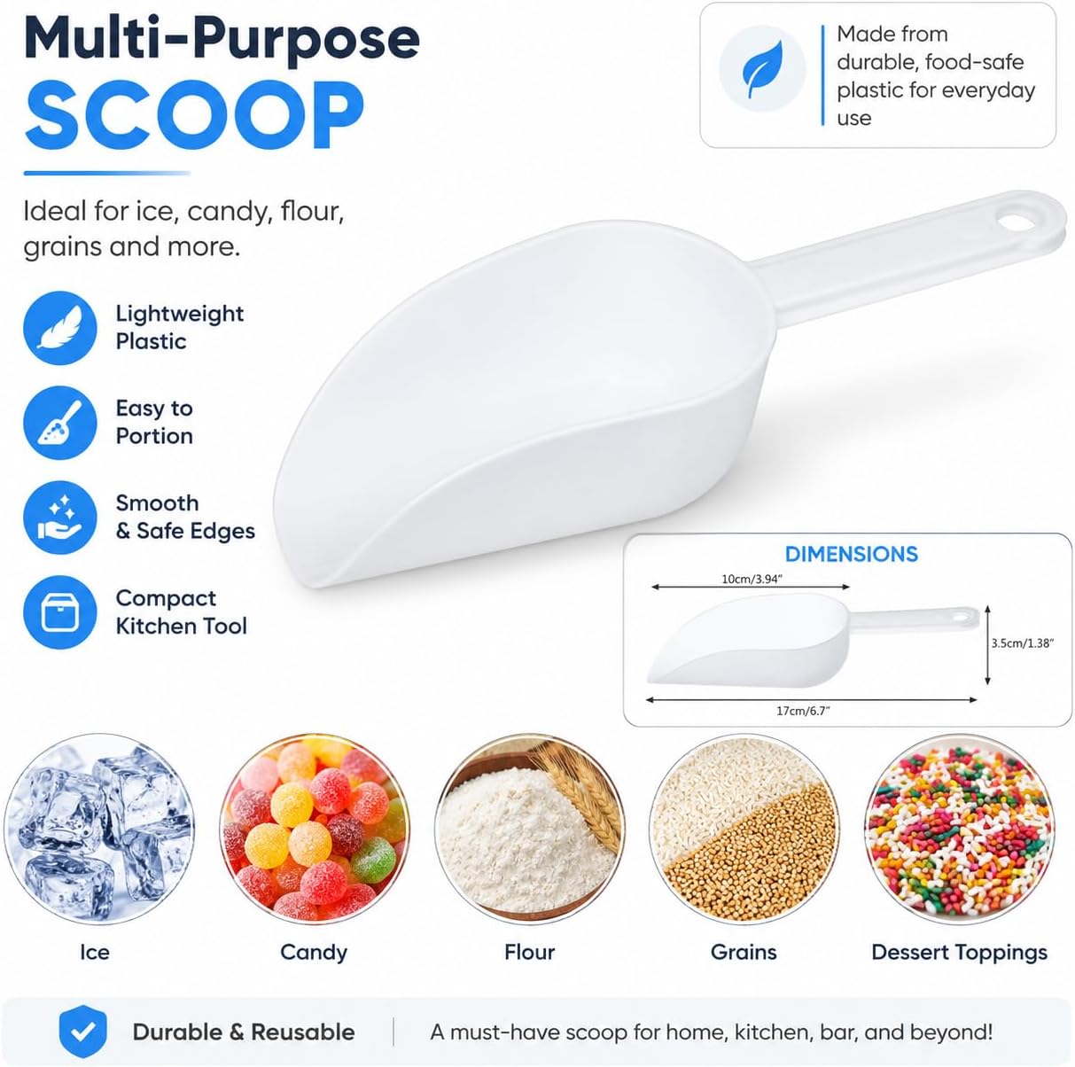 Ice Scoop with Shovel, Measuring Scoops Multifunctional Ice Tray, White Plastic for Ice Cream Tools, Candy, Flour