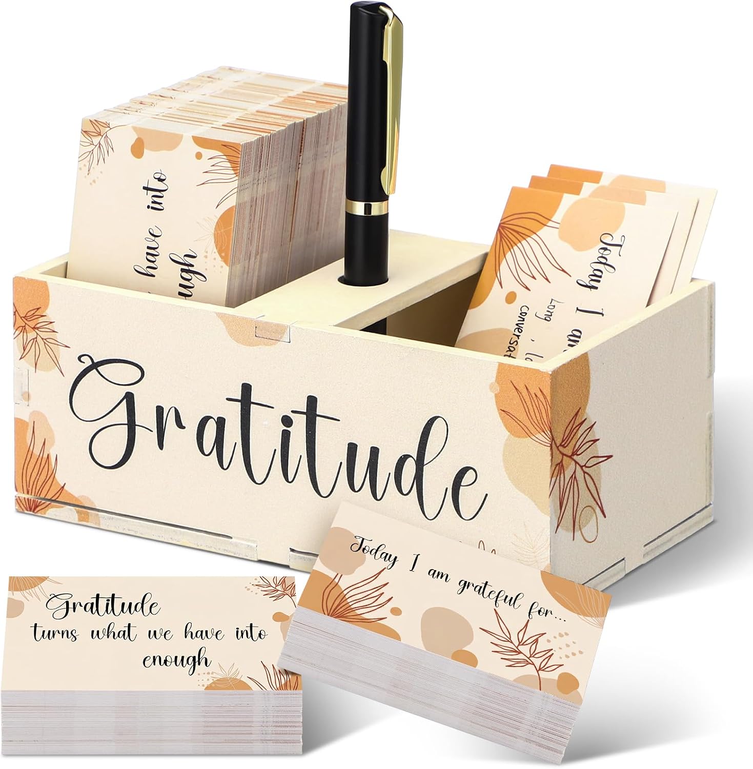 Clabby End of Year Gratitude Jar 200 Cards 1 Pen 1 Blessing Jar Wooden Box Practice Back to School Thankful Appreciation Gratitude Note Cards Kit Father Friends Employee Coworker(Floral,Beige)