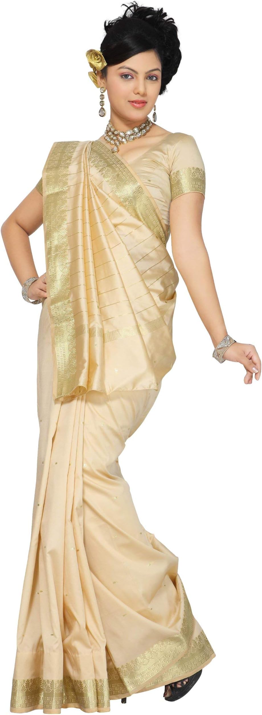 Indian Selections - Golden Art Silk Saree Sari fabric India Golden Border,Gold 220 Inches