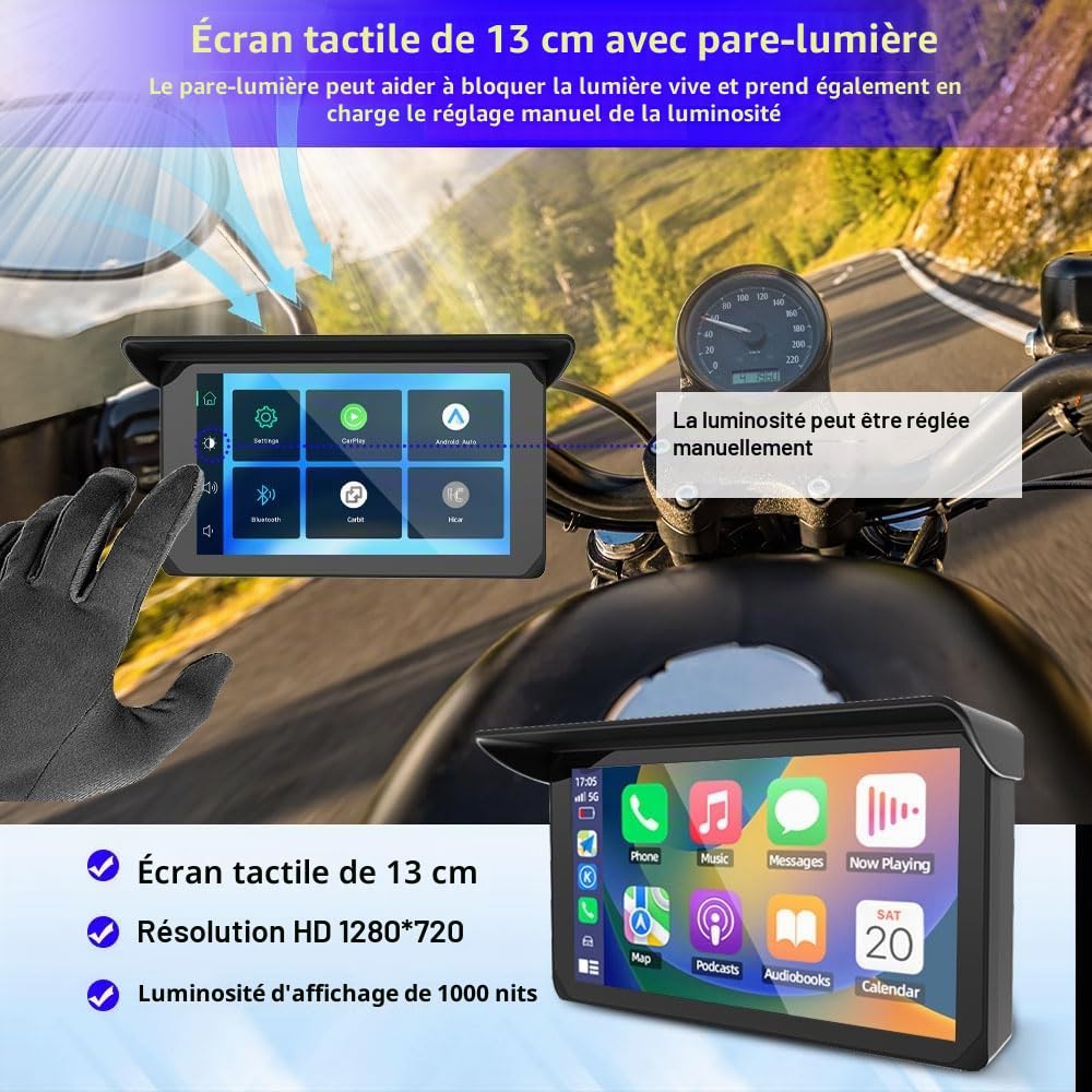 VSYSTO Écran Carplay Moto, Carplay sans Fil et Android Auto Navigation GPS pour Moto, Tactile étanche IP67 de 5 Pouces avec Dual Bluetooth, Siri, Assistant Vocal, Double Port USB, Support