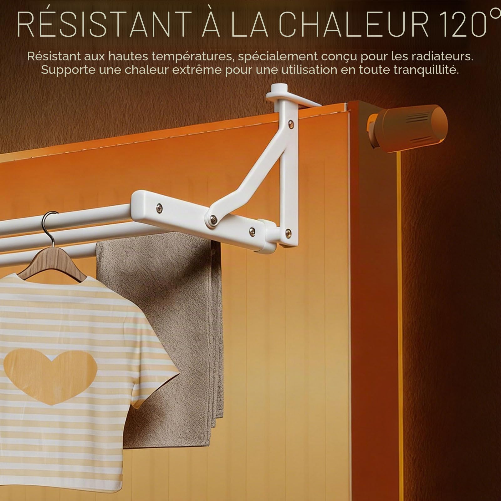 Porte-serviettes radiateur, blanc, porte-serviettes chauffant, porte-serviettes pour radiateur sans perçage, étendoir à linge radiateur, sèche-linge, distance murale réglable : 0 à 12,5 cm (D)