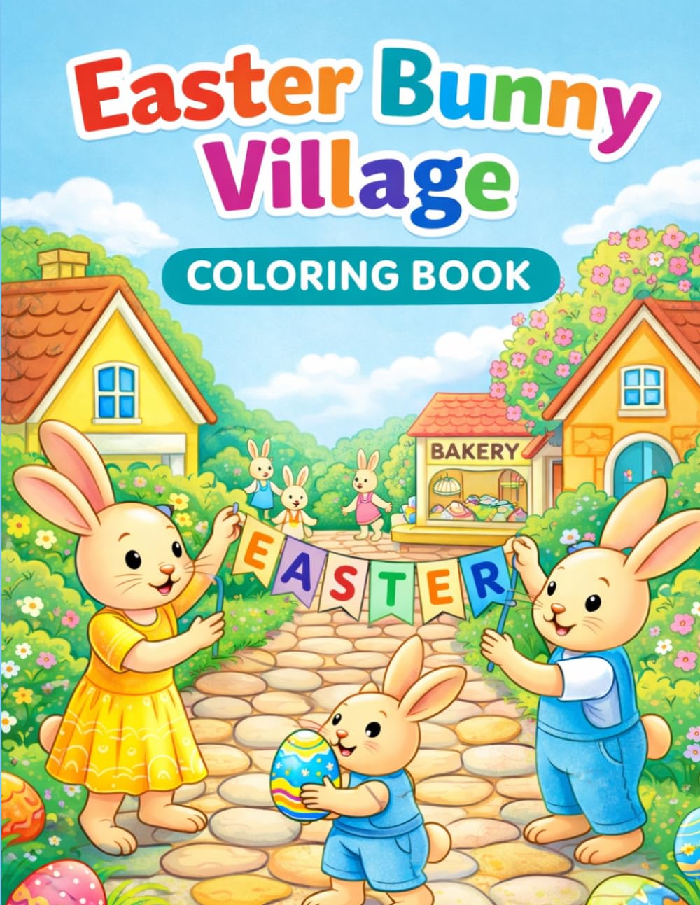 Easter Bunny Village Coloring Book: Adorable Easter Scenes with Bunny Friends, Egg Hunts, Bakeries, and Springtime Fun for Kids (USA 250 Patriotic Easter Coloring Book Series)