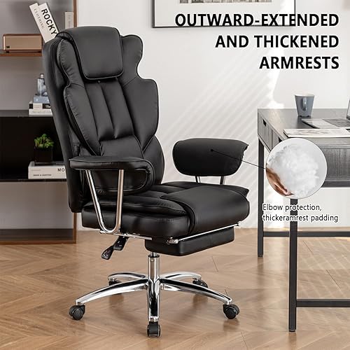 Miniatura 3 de Silla de oficina de piel sintética totalmente reclinable y cómoda silla de oficina grande y alta, 500 libras con reposapiés, ruedas y brazos