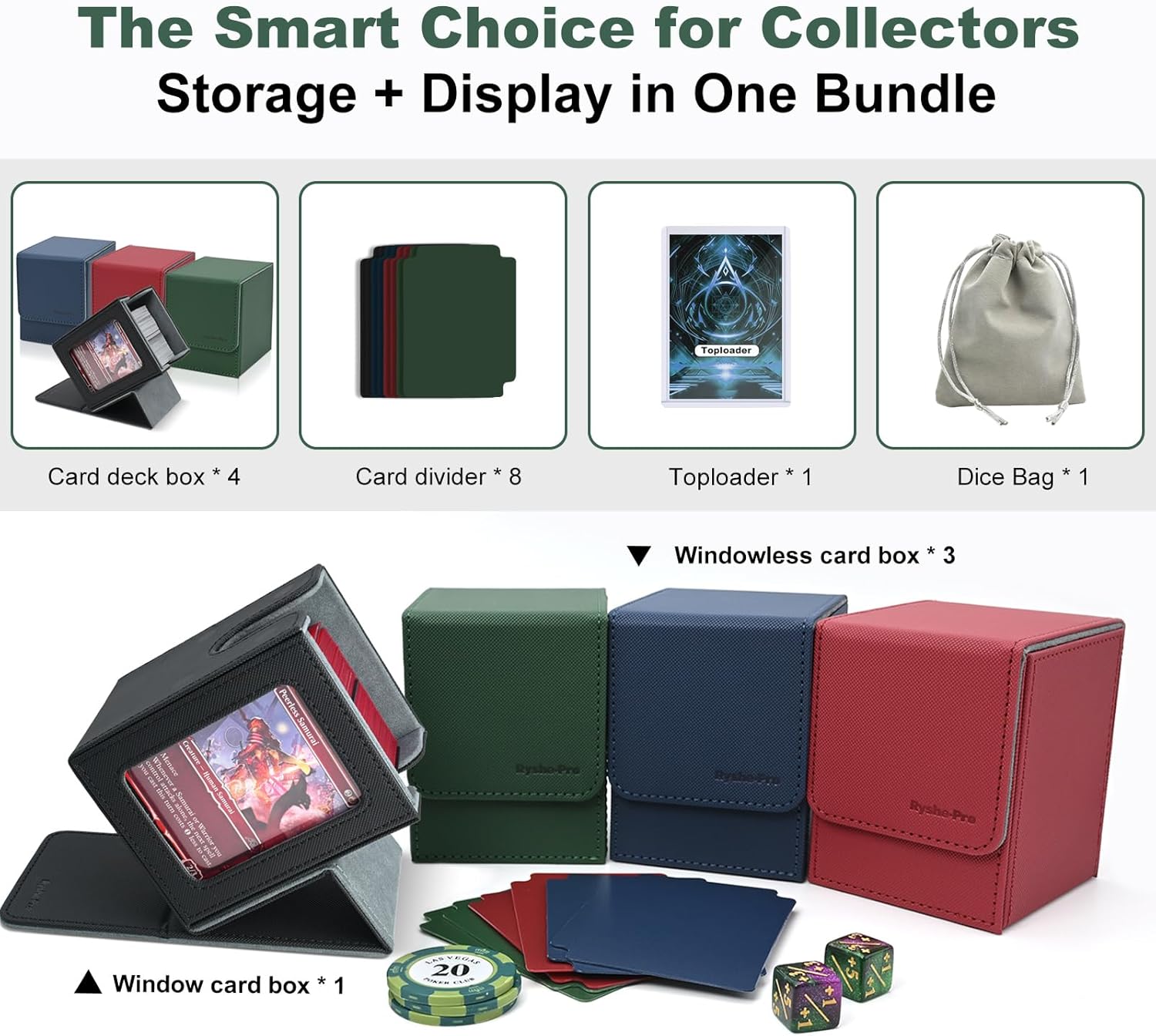 4 Pack MTG Card Deck Box, 1 Card Box with Display + 3 Commander Deck Box Fits 400+ Double-Sleeved Cards, Magnetic Closure Storage Box with 8 Dividers, 1 Dice Bag & 35PT Toploader for Sports Game Cards