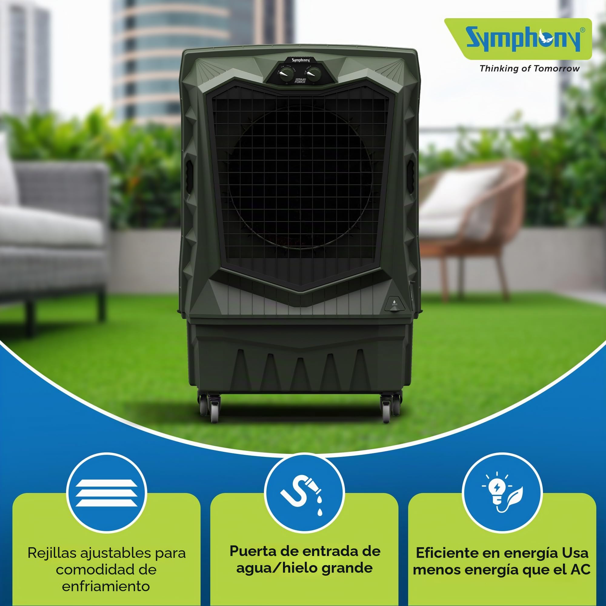 Symphony Air Force 100 Desert Air Cooler | 100L | 375W | Potente ventilador de chorro | Cuerpo resistente a la intemperie | Almohadilla de refrigeración grande de panal | Fácil llenado | Ruedas