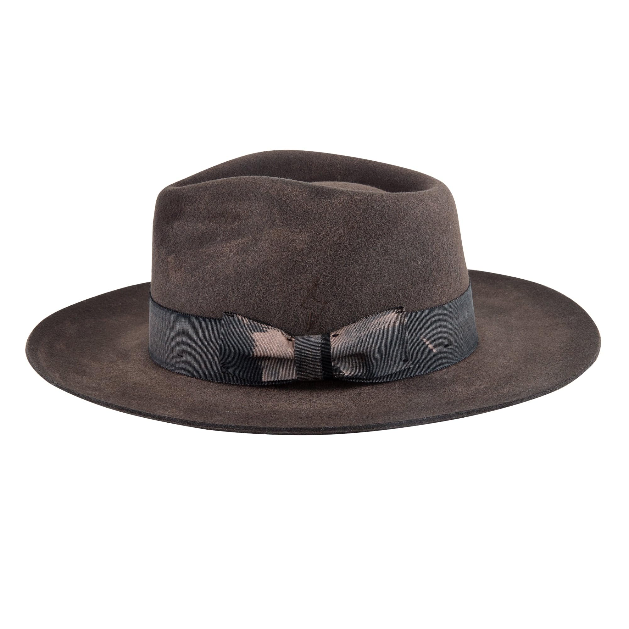RUEDIGER Vintage Wide Brim Fedora Hats 100% Wool Stiff Felt Hat Rancher Hat with Lightning Logo Handmade Distressed/Burned