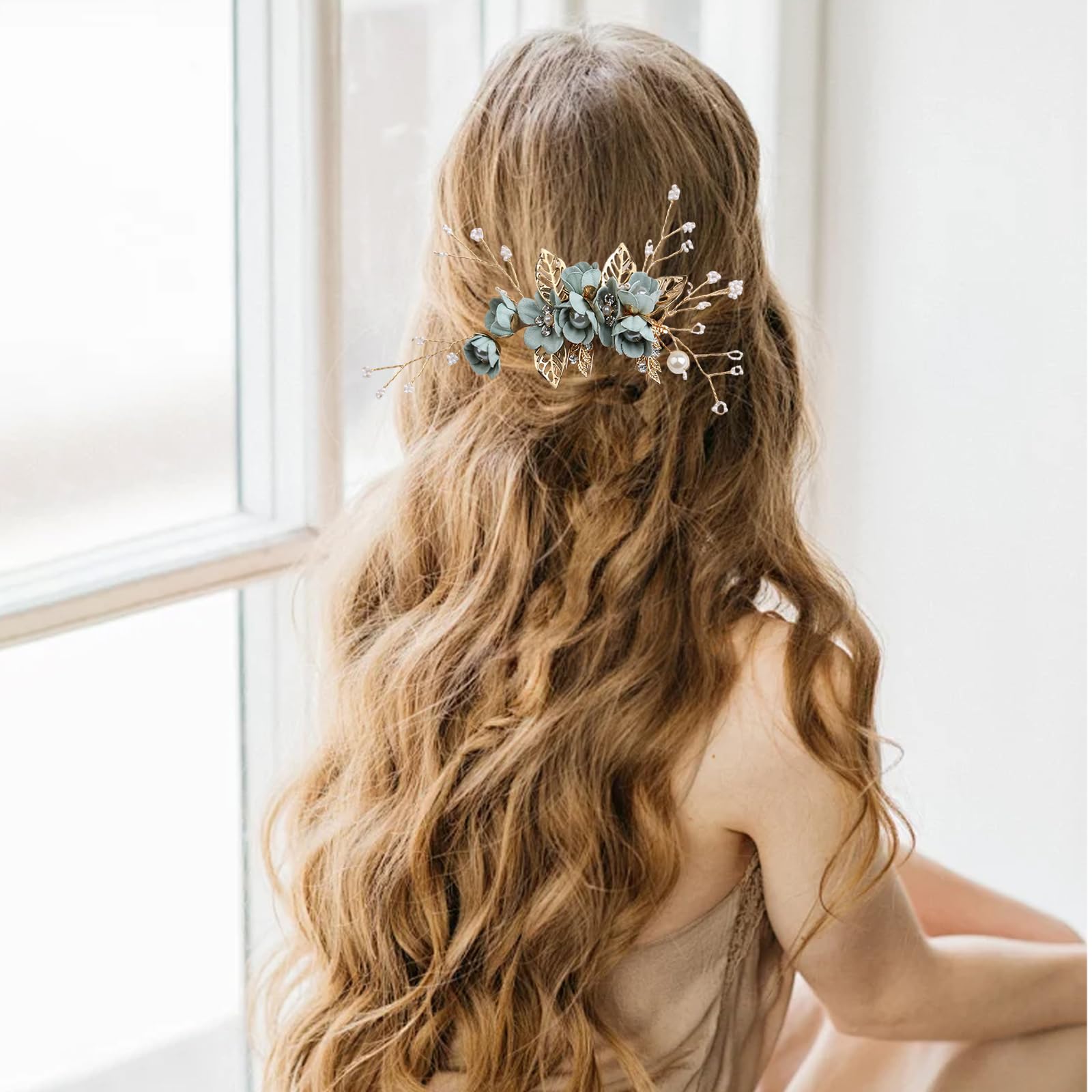 MUNSKT 2 PCS Green Hair Comb Pearl Crystal And Hair Clip Bridal Hair Accessories Flower Fascinator Headpieces Flower Hair Pins For Women Wedding Pearl Hair Pieces Hair Comb for Brides Bridesmaid Girl - Image 4