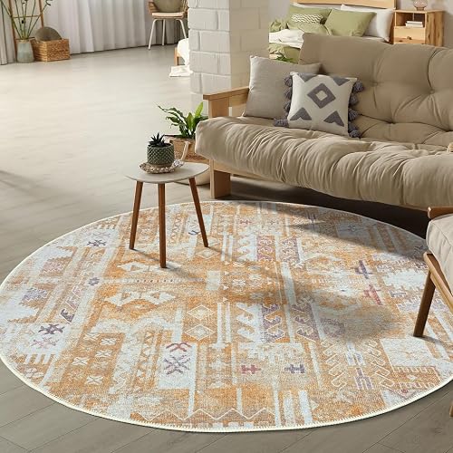 GLN Rugs Bohemian - Thebes - Machine Washable Round Rug, Boho Washable, Non Slip