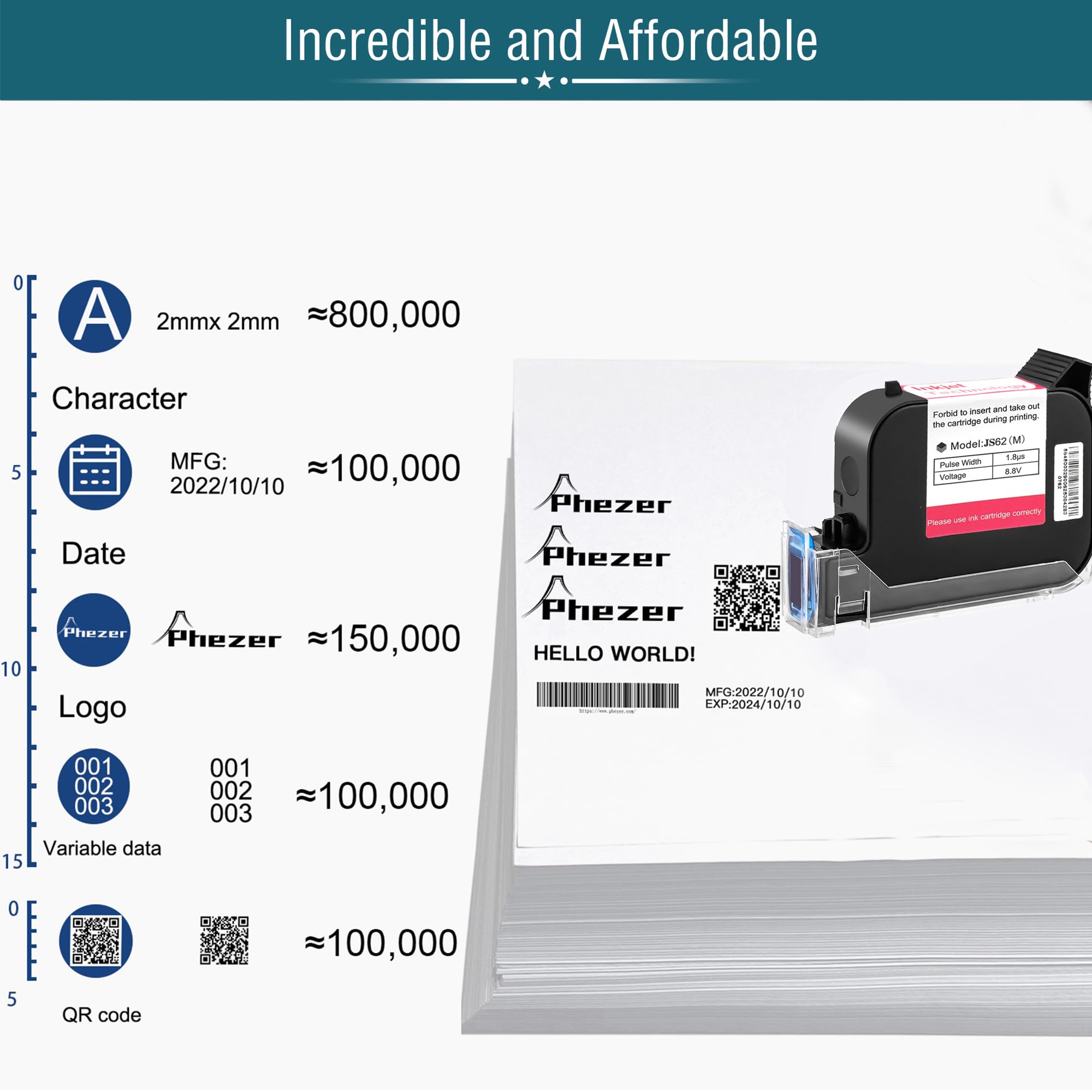 Phezer 0,5 Zoll P15 mobiler Handdrucker mit JS62 Quick-Dry Tinte, tragbarer Tintenstrahldrucker für QR-Code Barcode Datum MHD Chargennummer Logo und Seriennummer auf Karton, Kunststoff, Holz, Glas