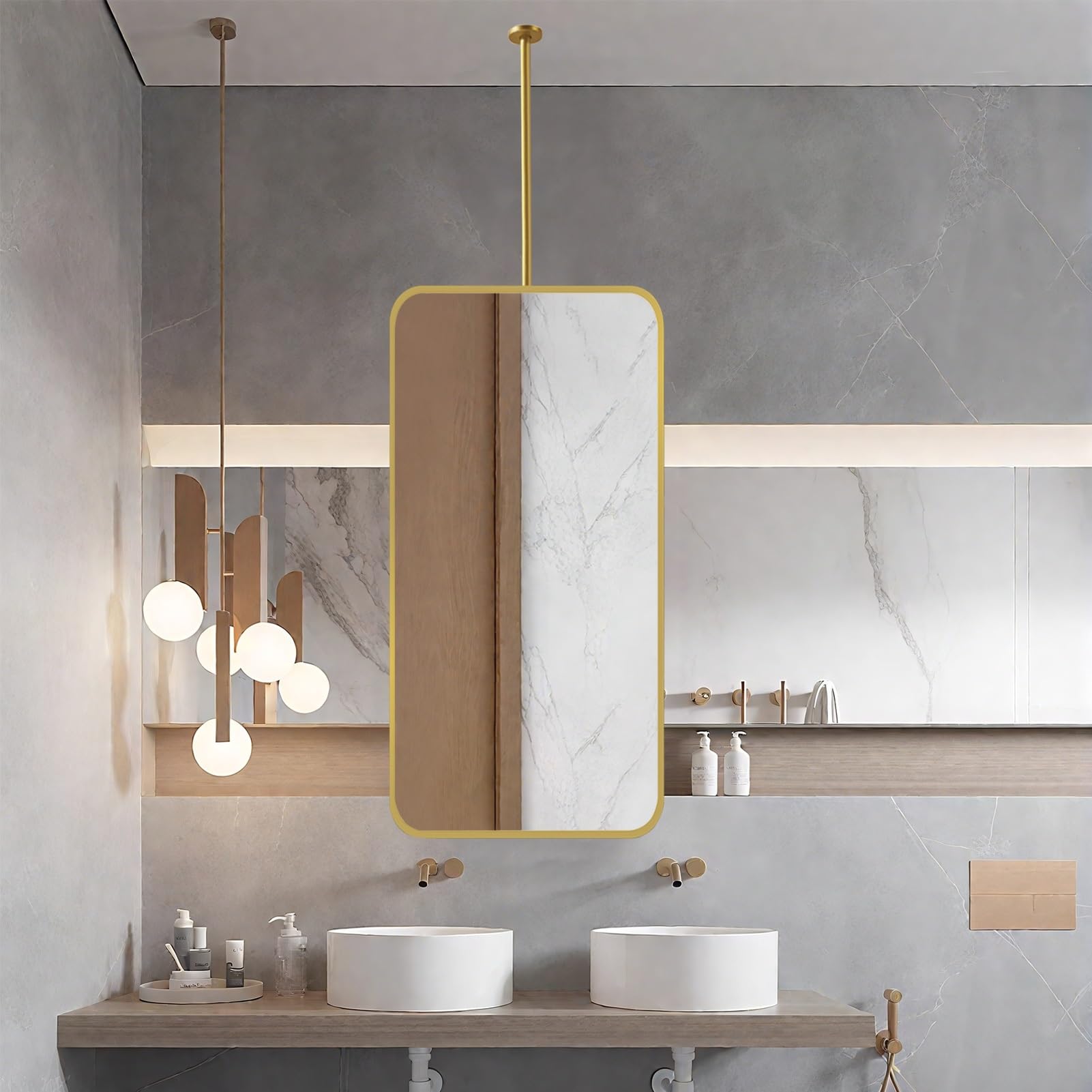 GLJTUO Wall Mounted Mirror with Gold Frame, Rectangle Hanging Rod for Bathroom Vanity, Ceiling Floating Makeup Shaving