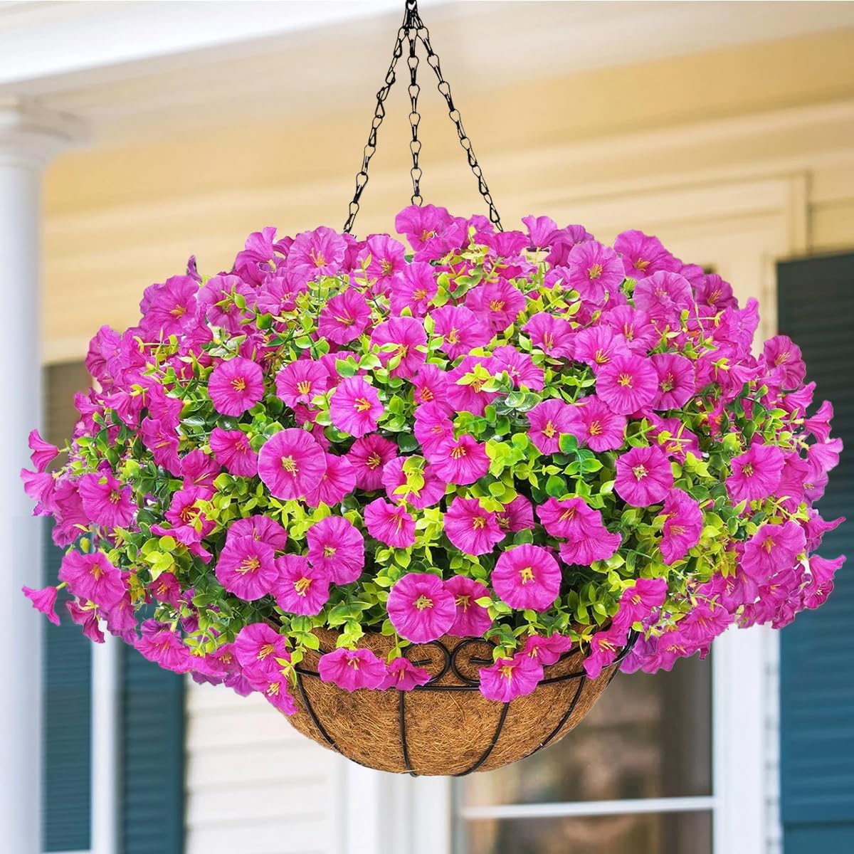 Artificial Flowers Hanging Basket, 10 Bundles UV Resistant Faux Silk Morning Glory Flowers with Eucalyptus Leaves, Realistic Plants for Indoor Outdoor Garden Home Decor (Purple-red)